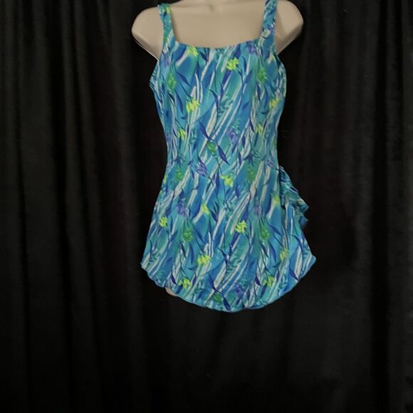 Maxine Of Hollywood Blue Green Tropical Floral Front Skirted Swimsuit 18 READ - Picture 2 of 11